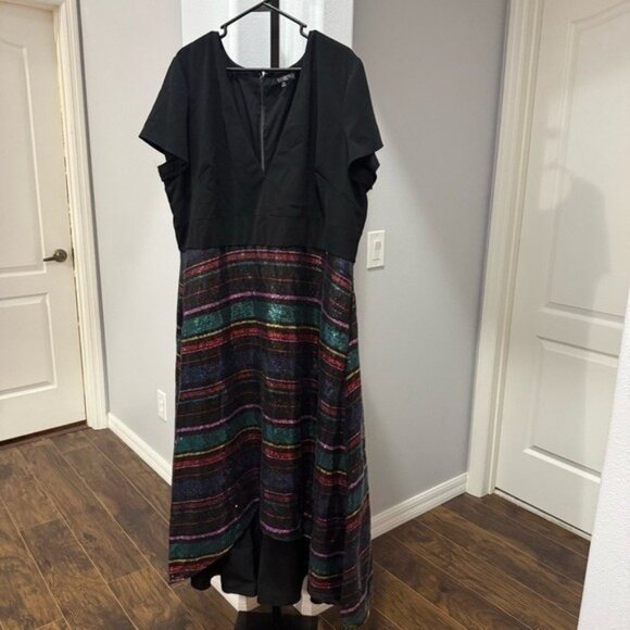 Badgley Mischka Sequin Skirt Gown High Low V Neck Evening Dress Size 22 Sequins - Picture 2 of 6